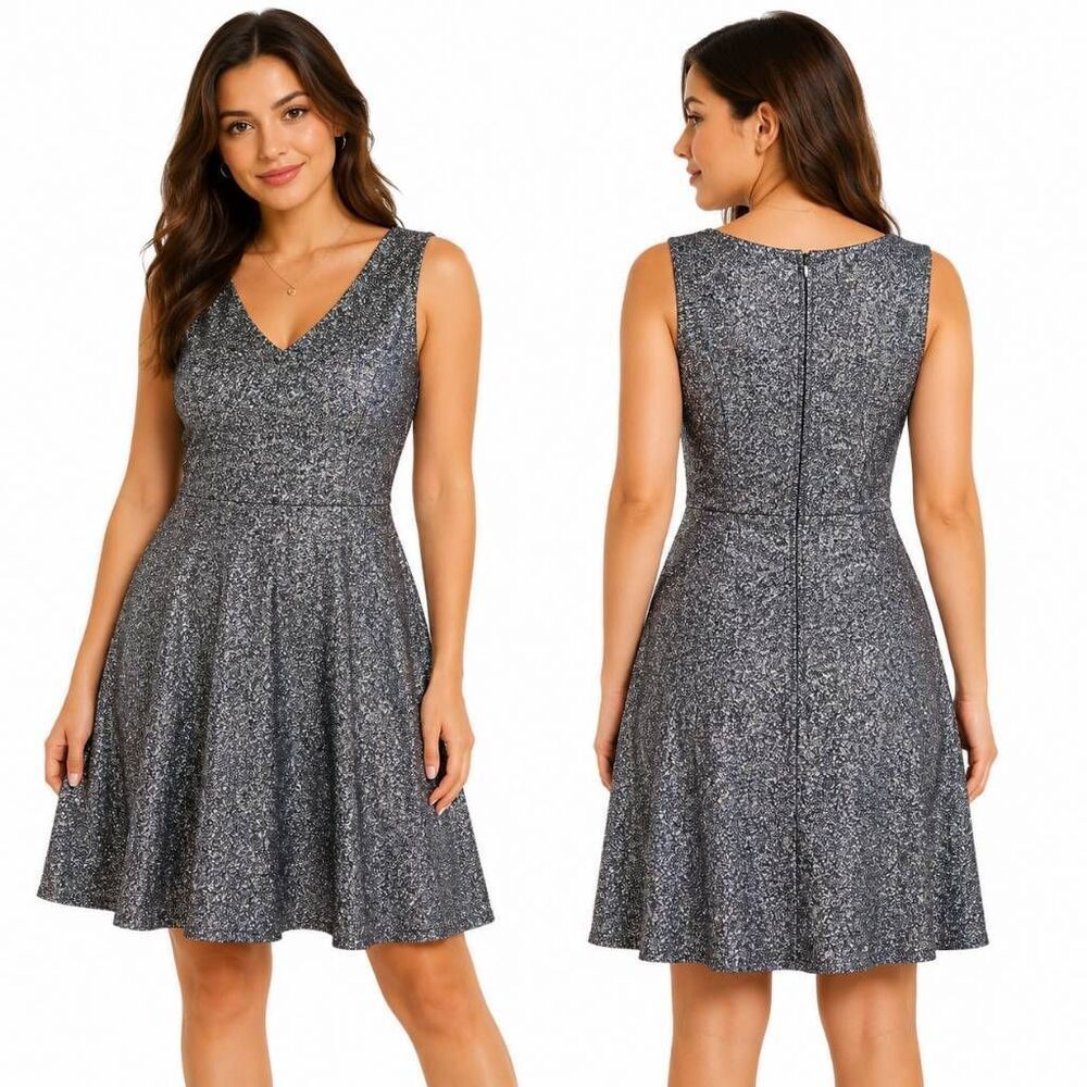 Everly Silver Glitter Fit Flare Cocktail Dress S